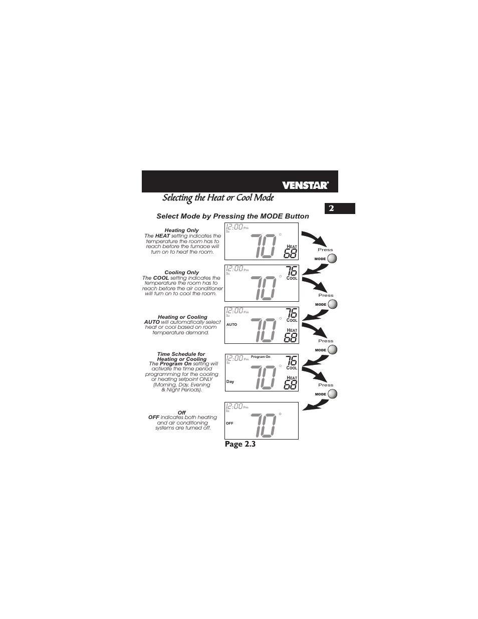 Selecting the heat or cool mode | Venstar T1900 User Manual | Page 14 / 108