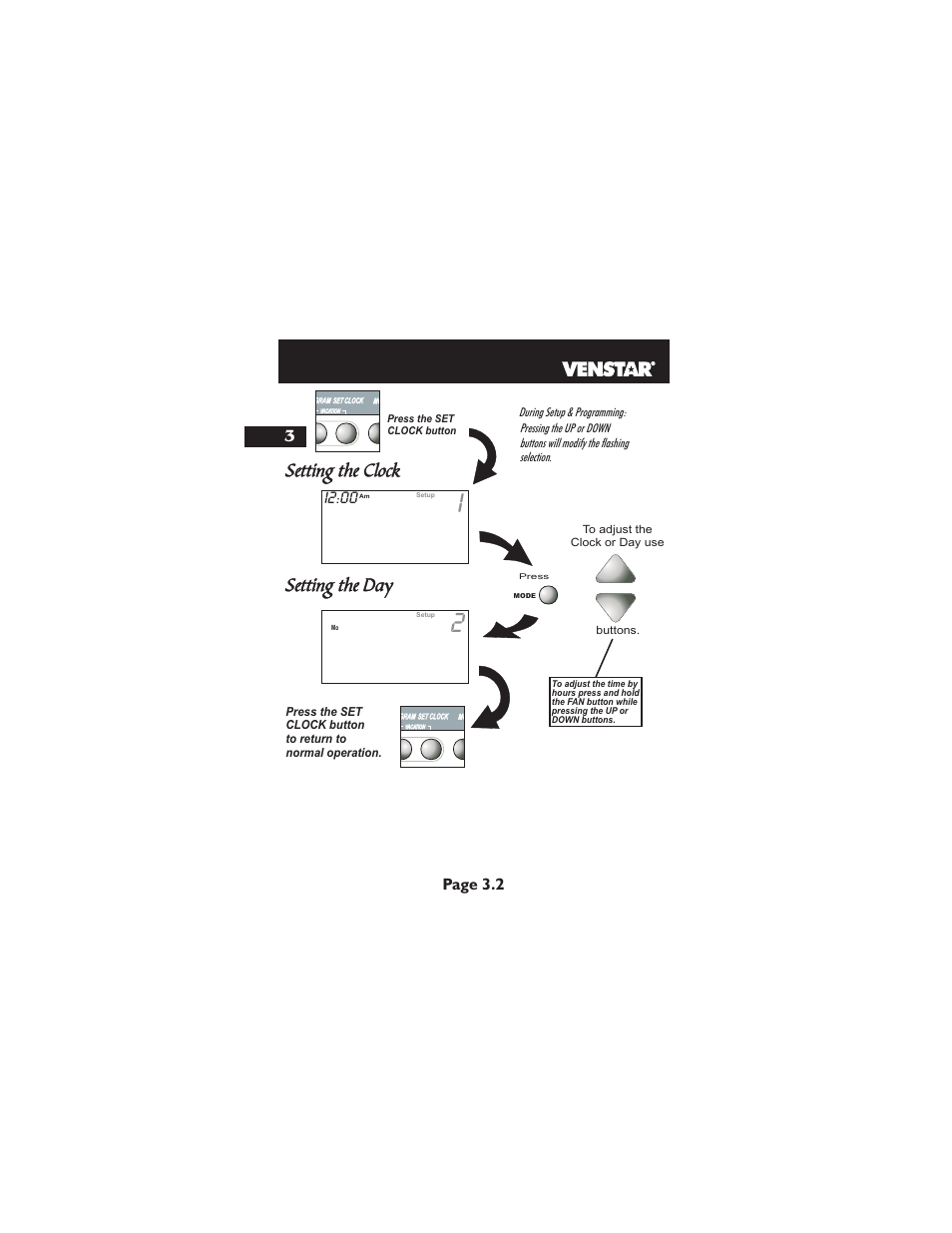 Setting the clock setting the day, I2:00, Page 3.2 | Venstar T1900 User Manual | Page 17 / 108