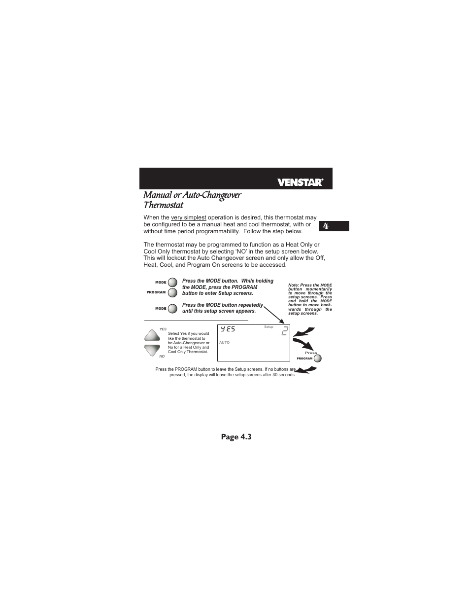 Manual or auto-changeover thermostat, Page 4.3 | Venstar T1900 User Manual | Page 20 / 108