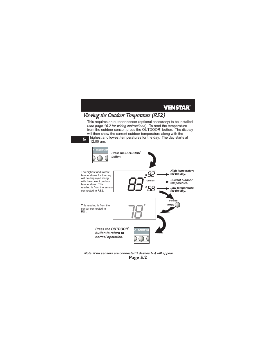 Viewing the outdoor temperature (rs | Venstar T1900 User Manual | Page 27 / 108