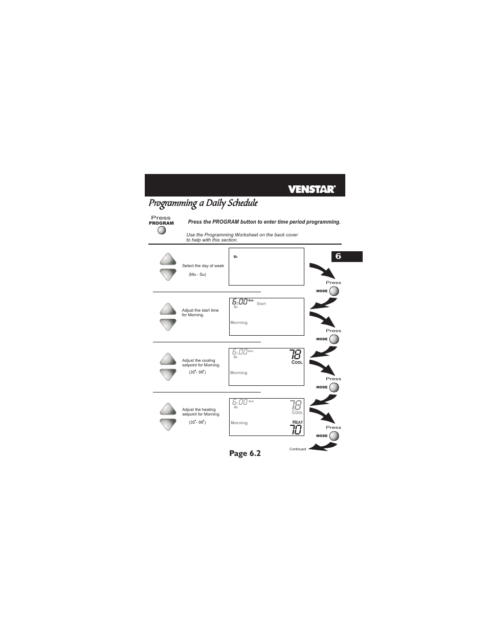 Programming a daily schedule, Page 6.2 | Venstar T1900 User Manual | Page 30 / 108