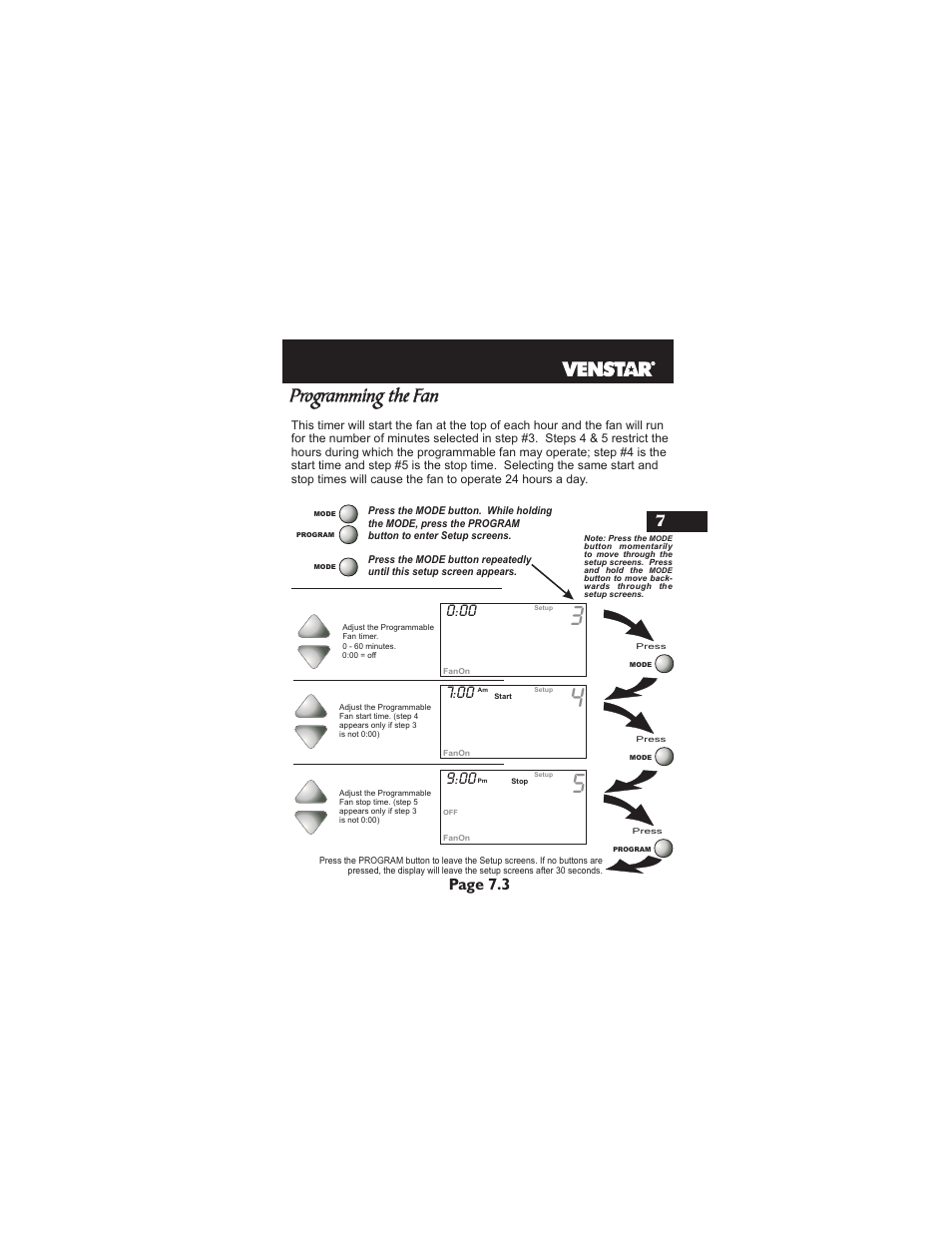 Programming the fan, Page 7.3 | Venstar T1900 User Manual | Page 36 / 108