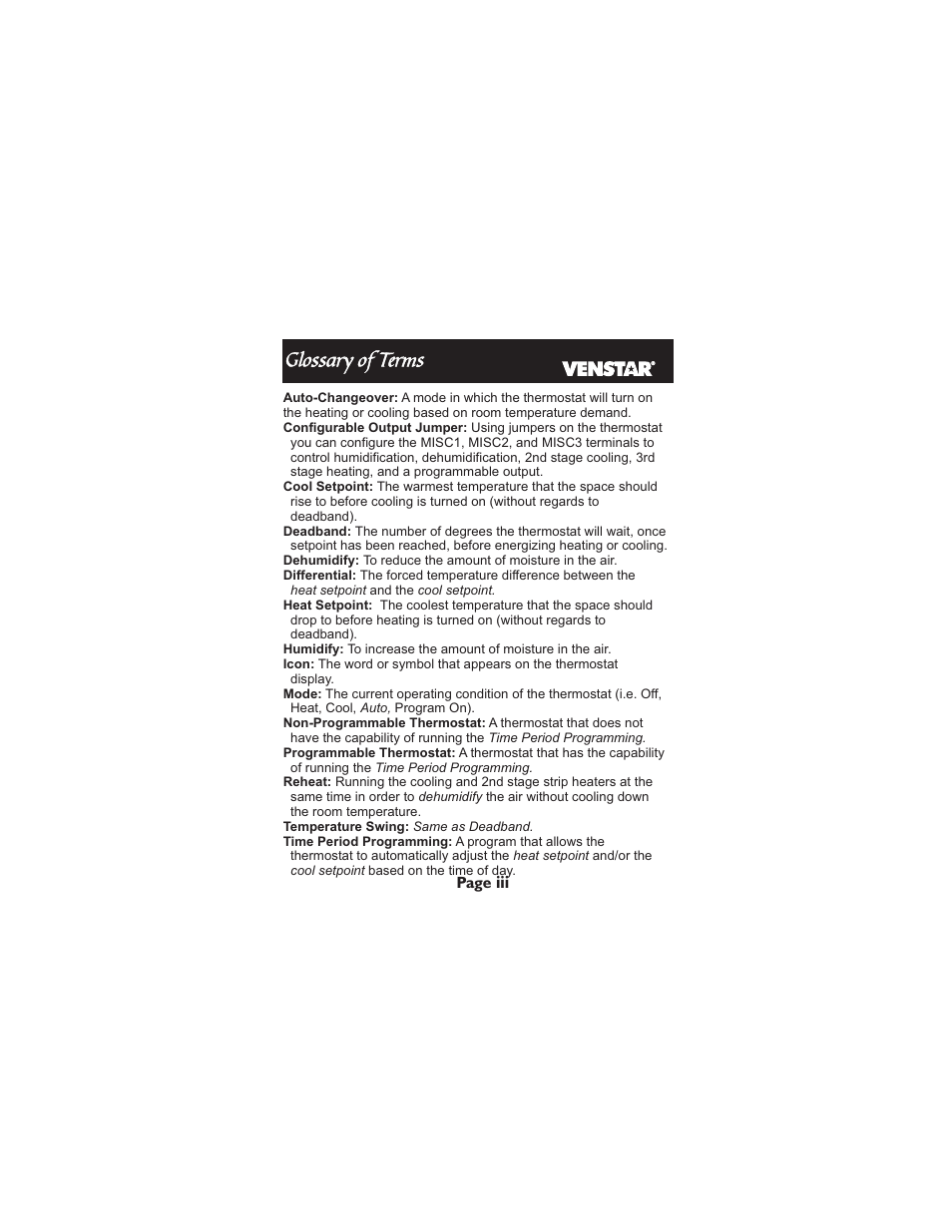 Glossary of terms | Venstar T1900 User Manual | Page 4 / 108