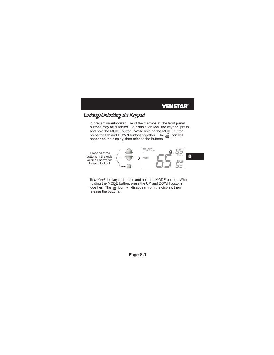 Locking/unlocking the keypad | Venstar T1900 User Manual | Page 40 / 108