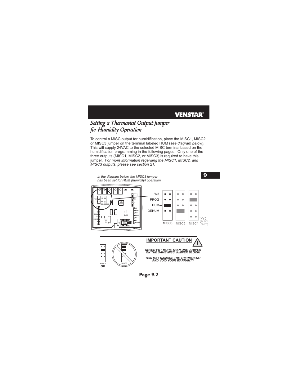 Page 9.2, Misc1 only), Important caution | Venstar T1900 User Manual | Page 42 / 108