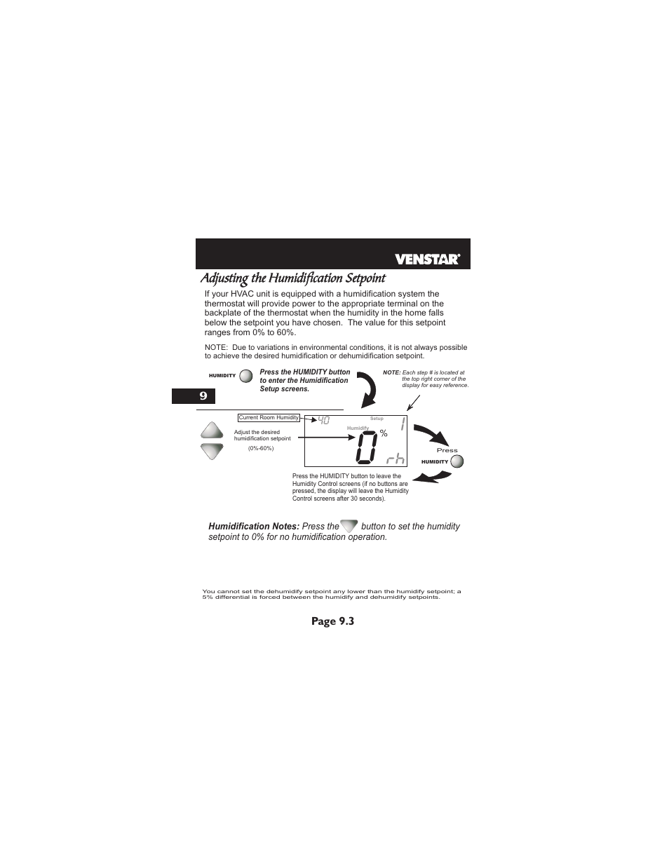 Adjusting the humidification setpoint | Venstar T1900 User Manual | Page 43 / 108