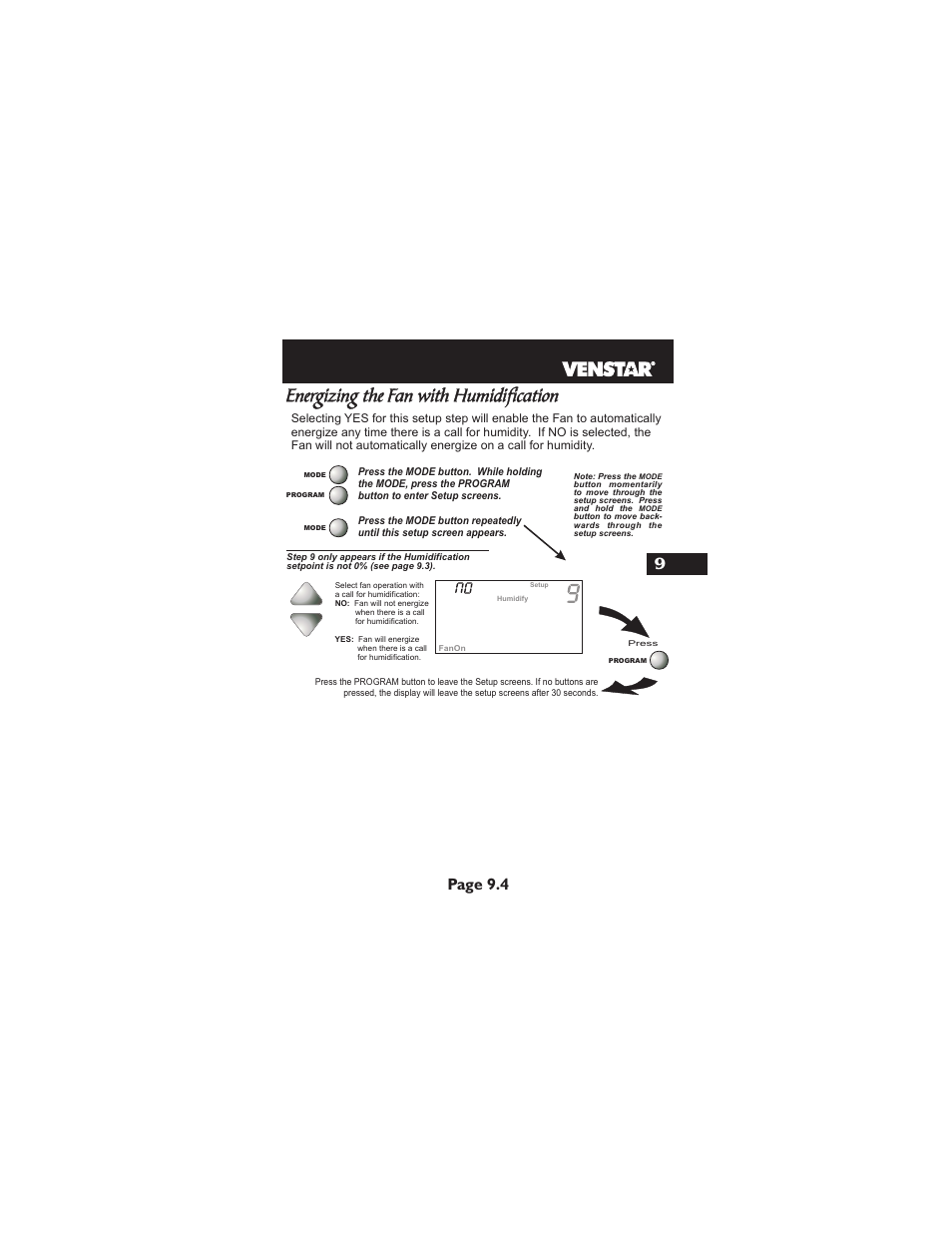 Energizing the fan with humidification, Page 9.4 | Venstar T1900 User Manual | Page 44 / 108