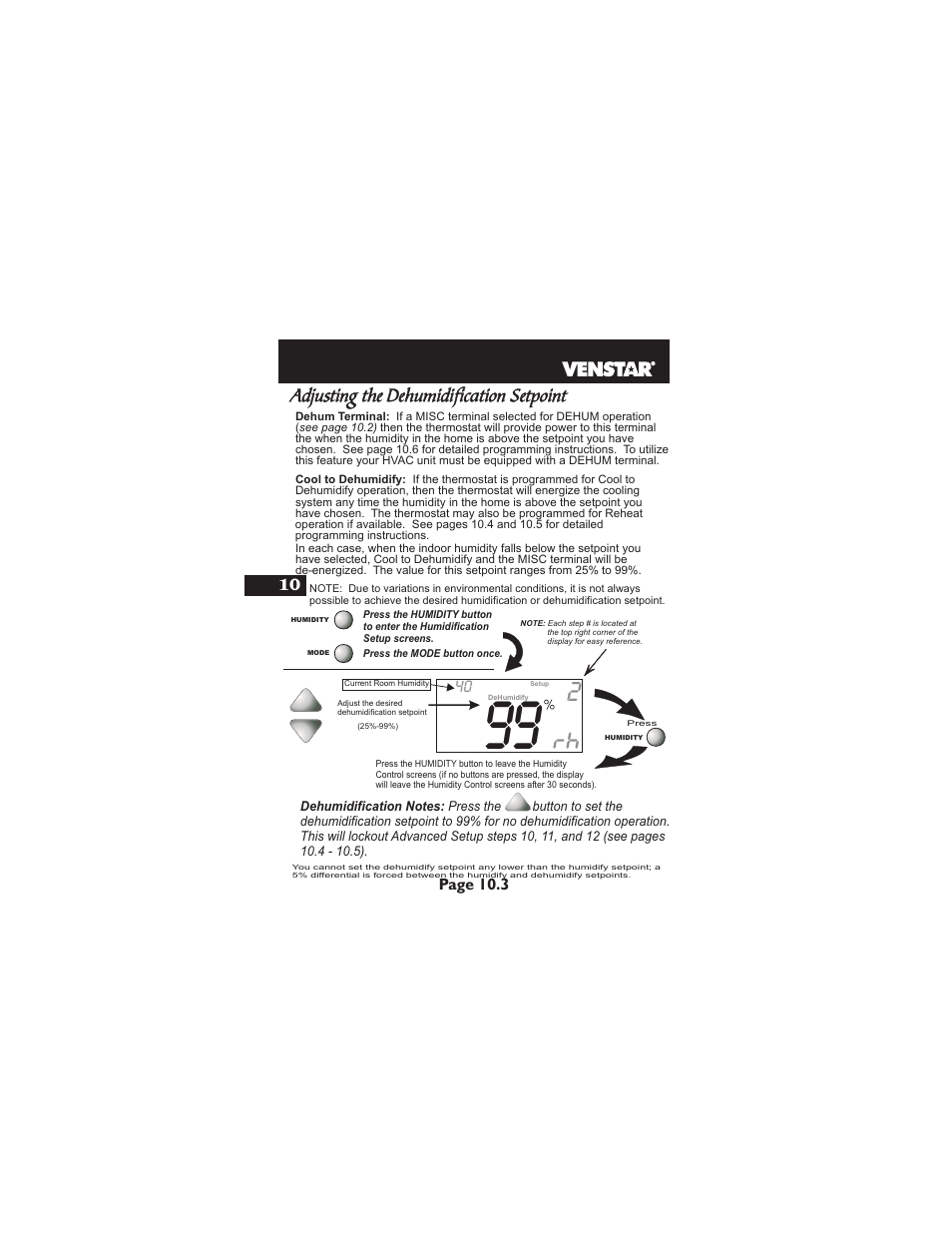 Adjusting the dehumidification setpoint | Venstar T1900 User Manual | Page 47 / 108