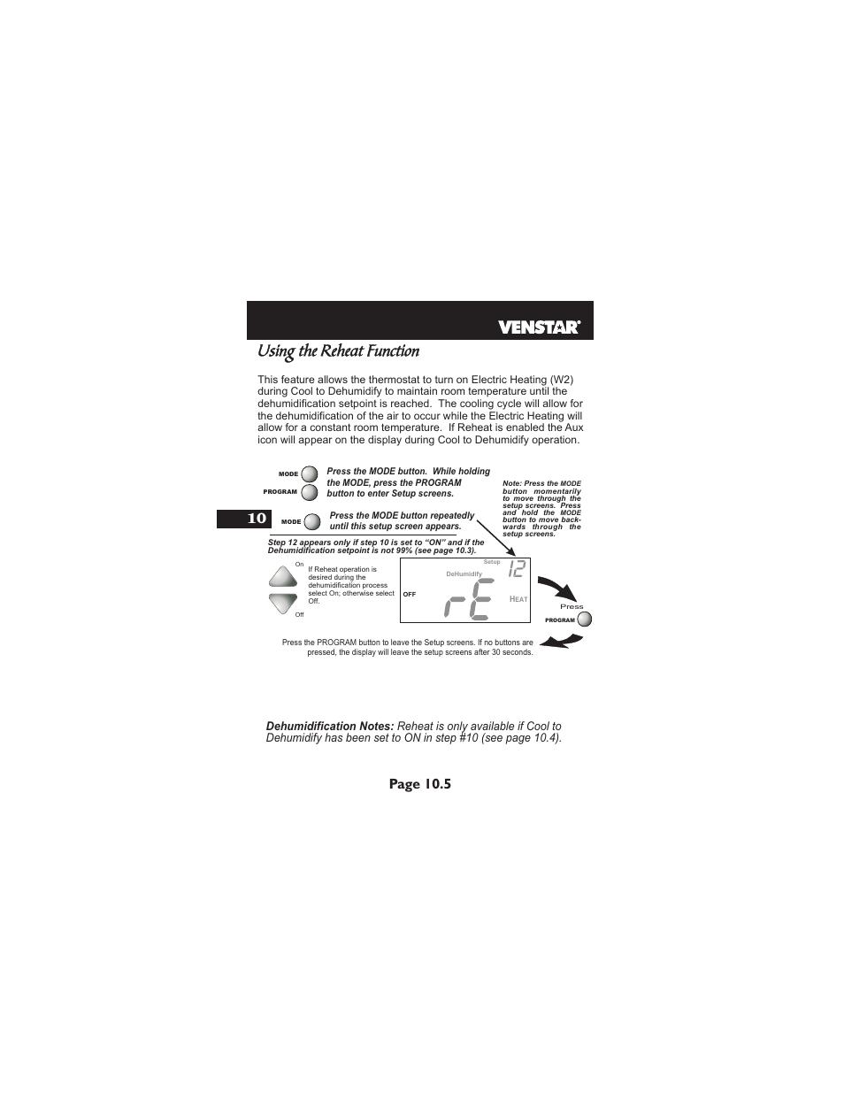 Using the reheat function, Page 10.5 | Venstar T1900 User Manual | Page 49 / 108