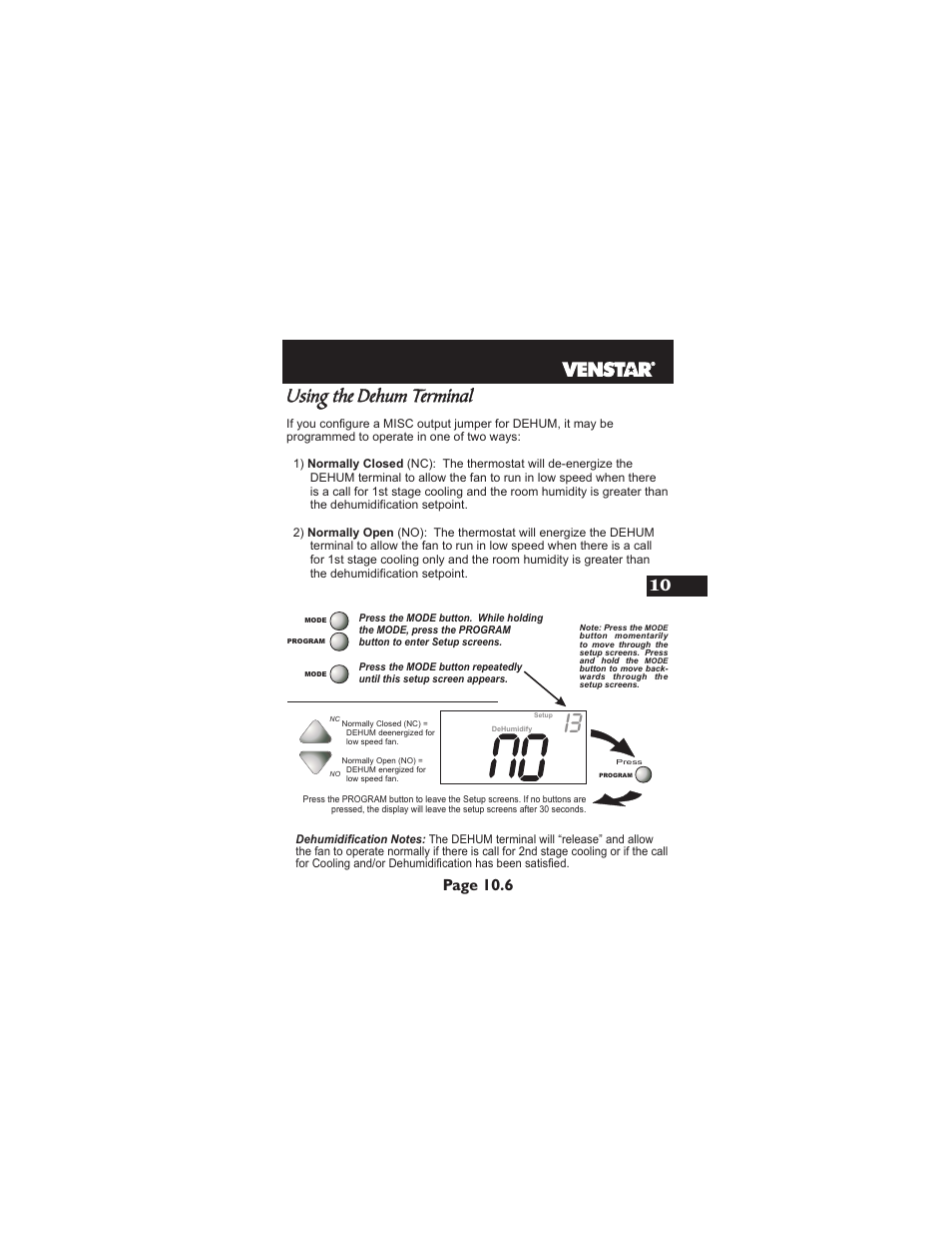 Using the dehum terminal, Page 10.6 | Venstar T1900 User Manual | Page 50 / 108