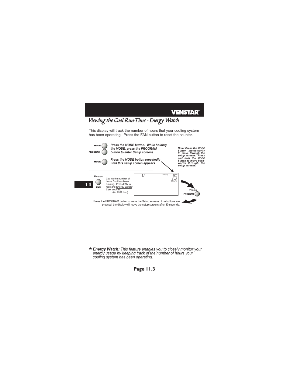 Viewing the cool run-time - energy watch, Page 11.3 | Venstar T1900 User Manual | Page 53 / 108