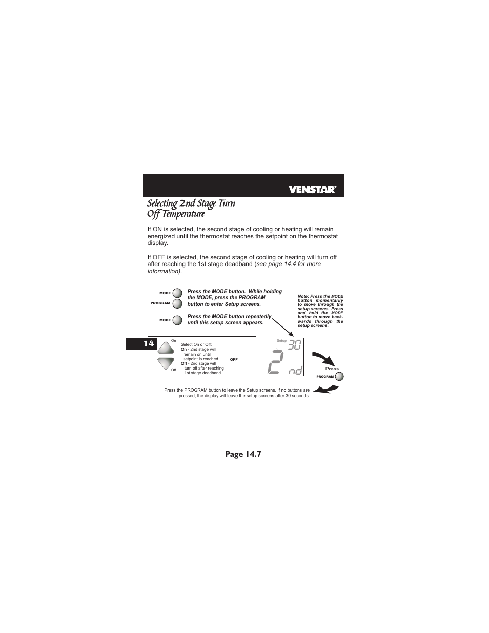 Selecting, Nd stage turn off temperature | Venstar T1900 User Manual | Page 69 / 108