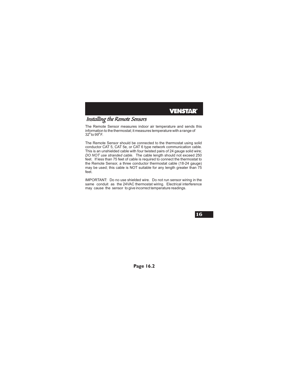 Installing the remote sensors | Venstar T1900 User Manual | Page 78 / 108