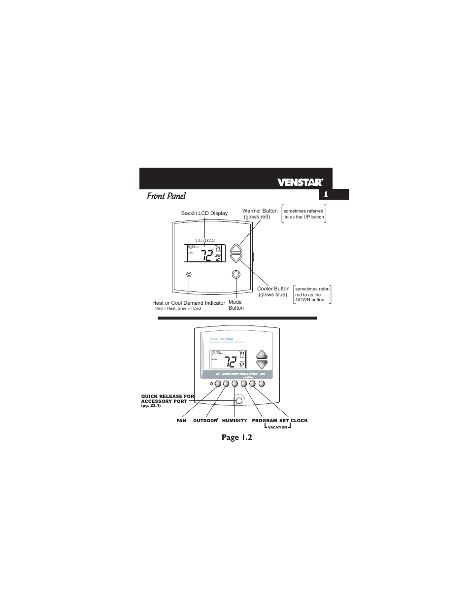 Front panel, Page 1.2 | Venstar T1900 User Manual | Page 8 / 108