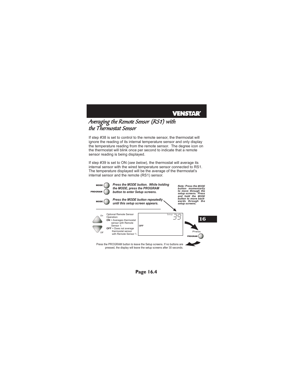 Averaging the remote sensor (rs, With the thermostat sensor, Page 16.4 | Venstar T1900 User Manual | Page 80 / 108