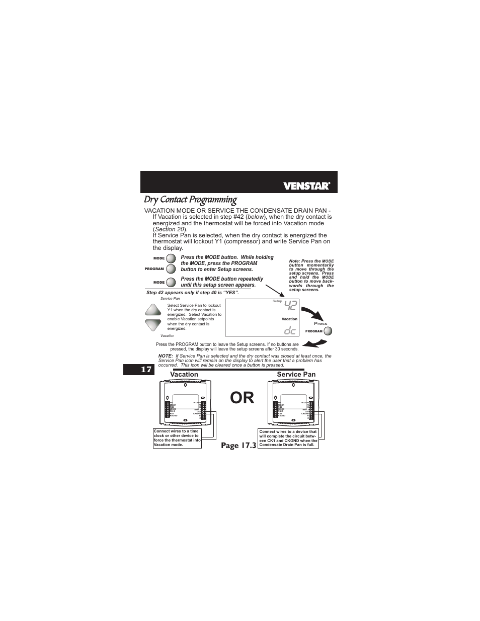 Dry contact programming, Page 17.3, Vacation service pan | Venstar T1900 User Manual | Page 83 / 108