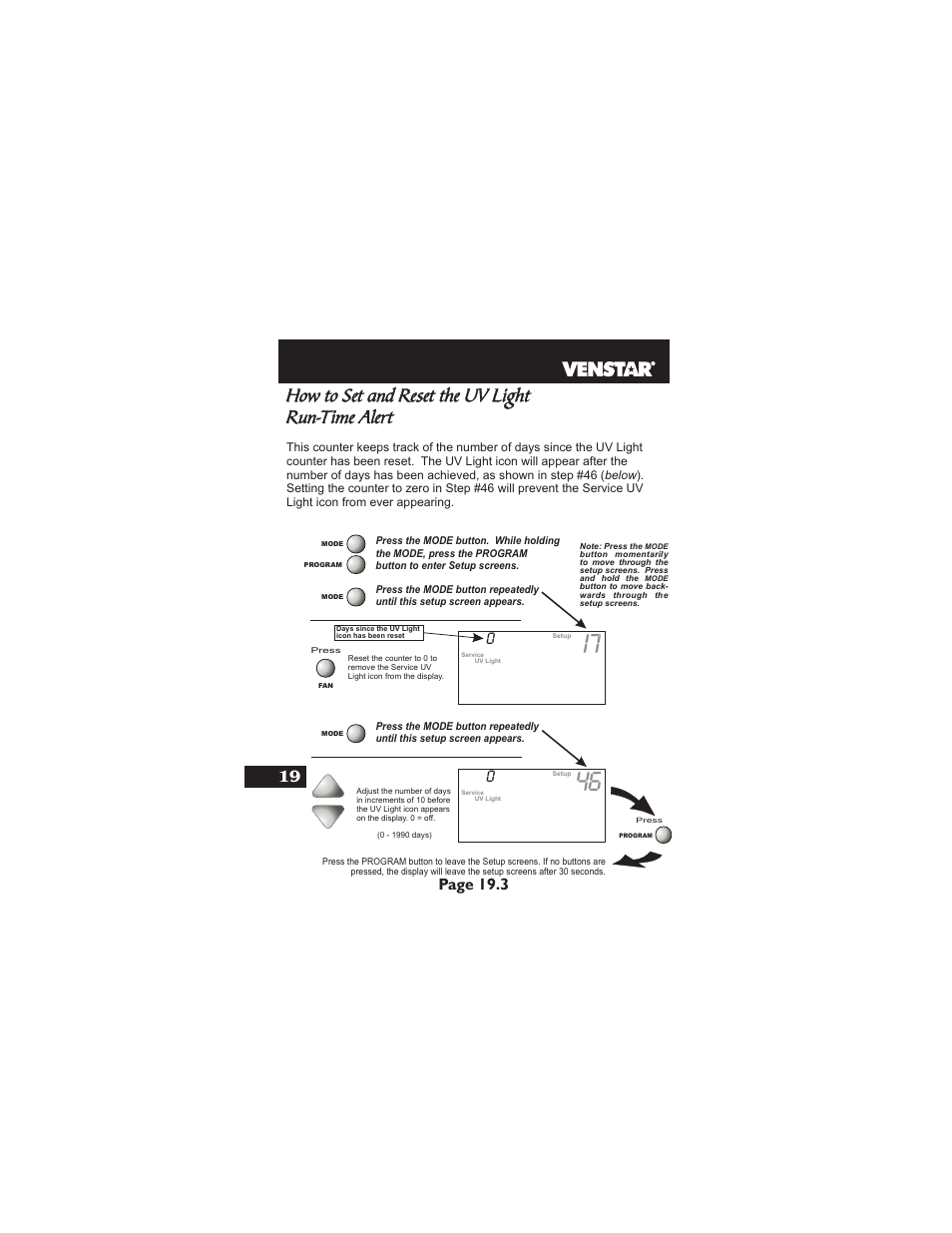 How to set and reset the uv light run-time alert, Page 19.3 | Venstar T1900 User Manual | Page 87 / 108