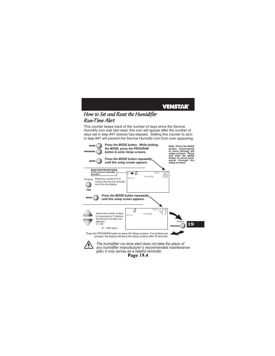 How to set and reset the humidifier run-time alert, Page 19.4 | Venstar T1900 User Manual | Page 88 / 108