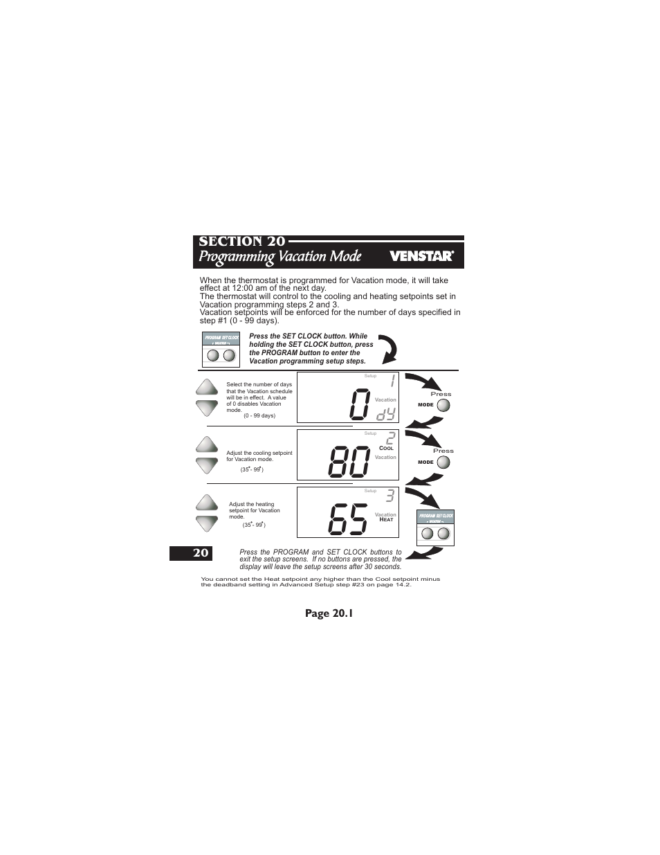 Programming vacation mode | Venstar T1900 User Manual | Page 89 / 108