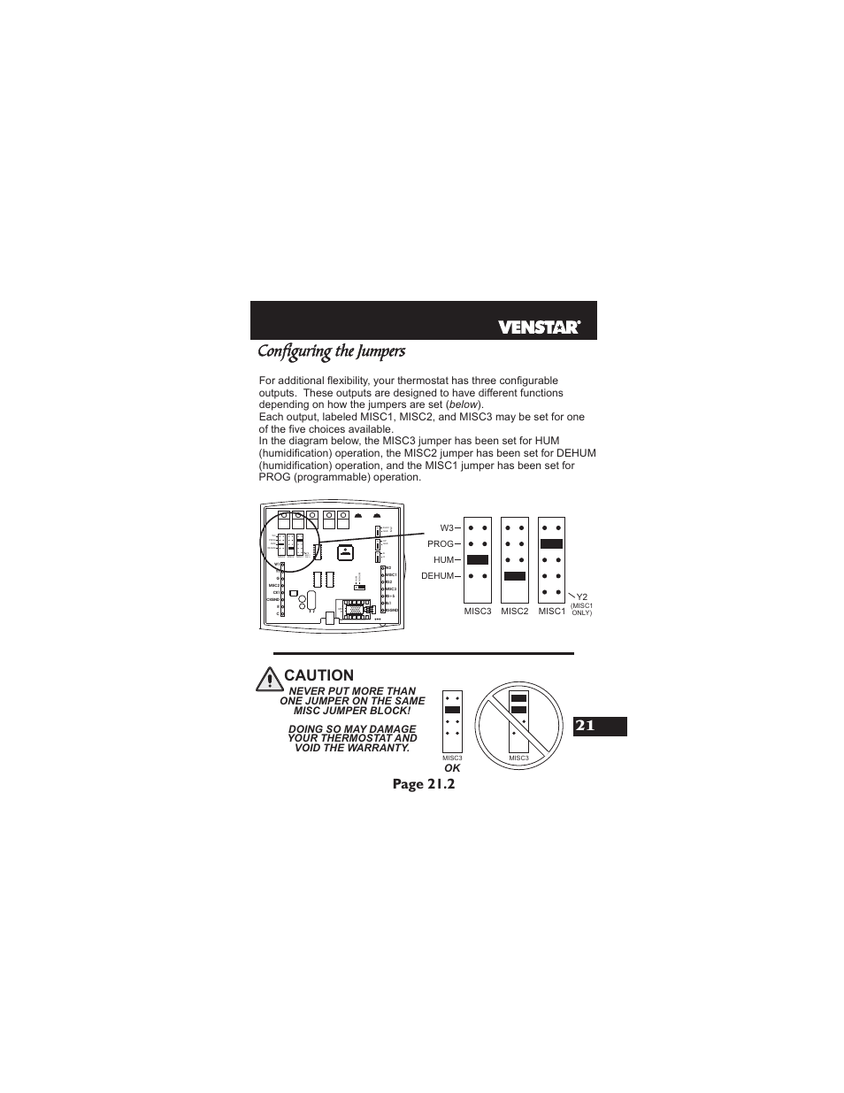 Configuring the jumpers, Caution, Page 21.2 | Misc1 only) | Venstar T1900 User Manual | Page 92 / 108