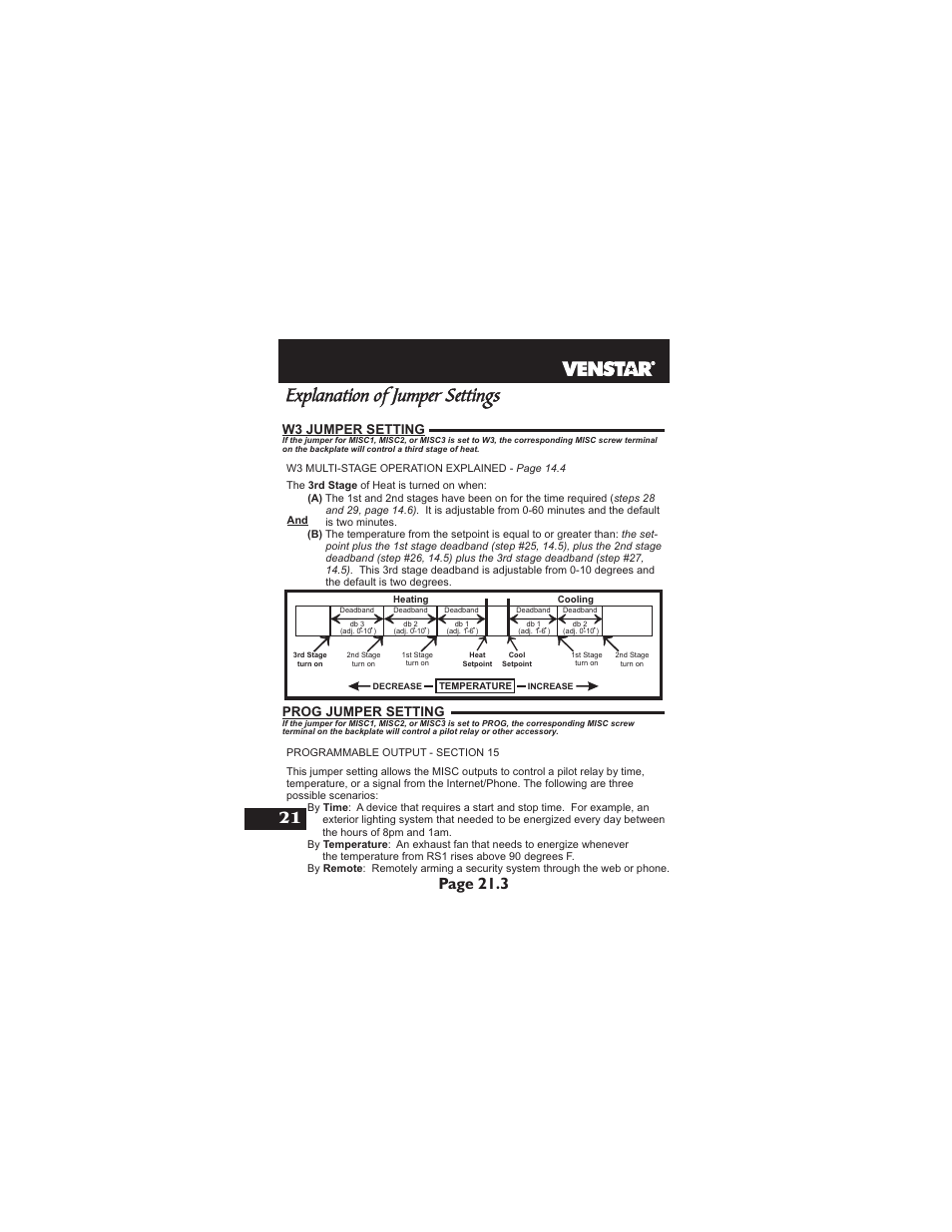 Explanation of jumper settings, Page 21.3, Prog jumper setting | W3 jumper setting | Venstar T1900 User Manual | Page 93 / 108