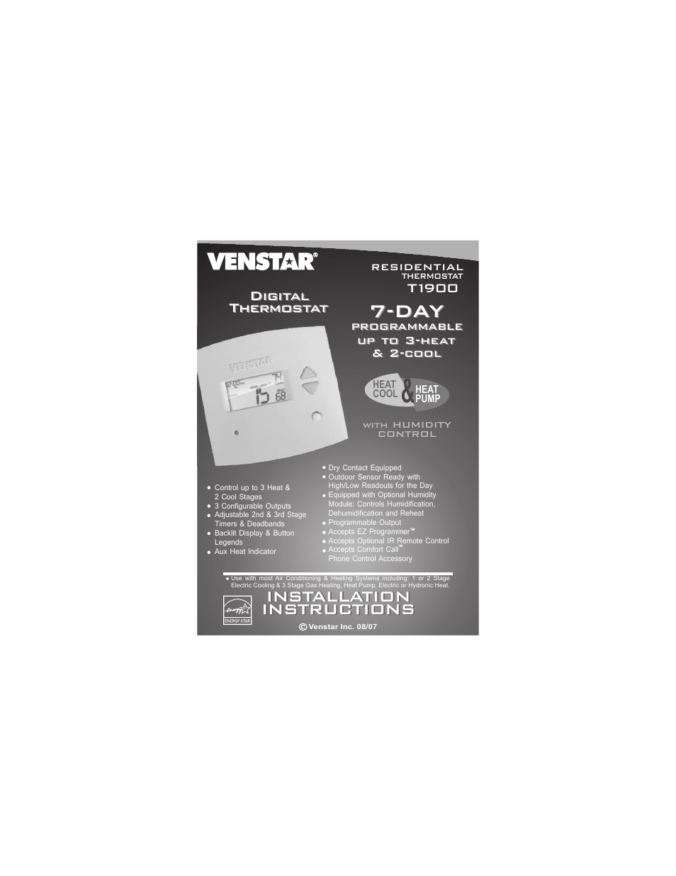 Venstar T1900 Installation User Manual | 24 pages