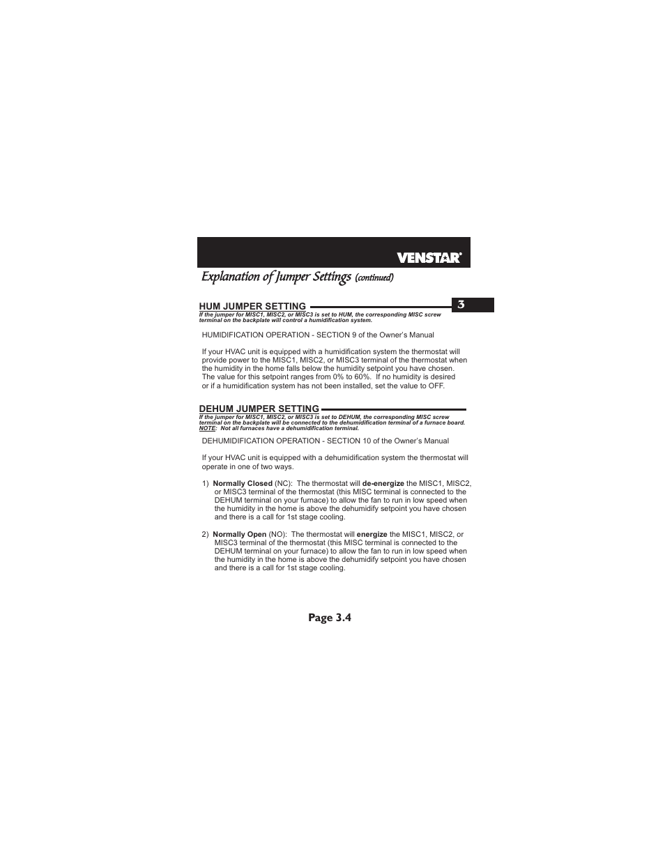 Explanation of jumper settings, Page 3.4 3 | Venstar T1900 Installation User Manual | Page 10 / 24