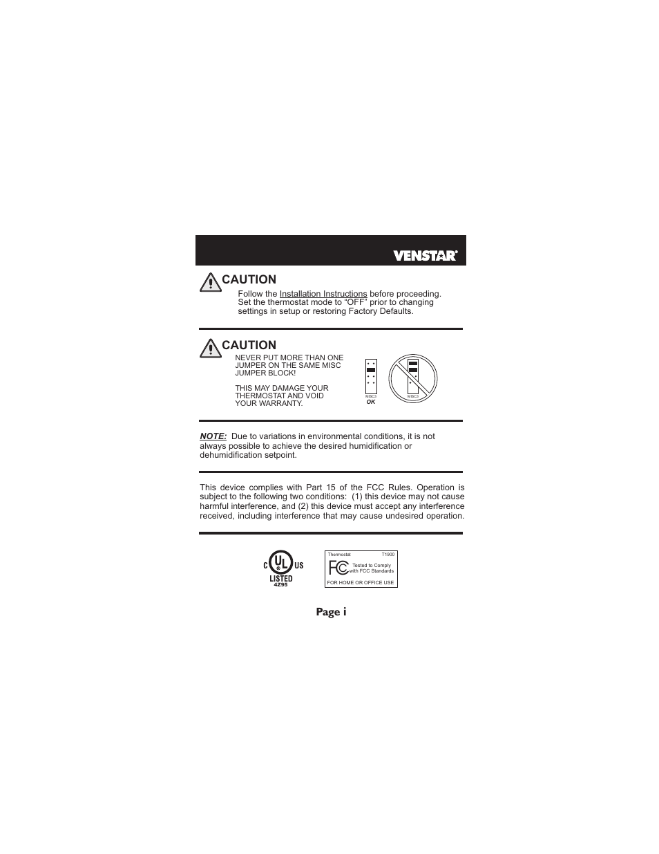 Caution | Venstar T1900 Installation User Manual | Page 2 / 24