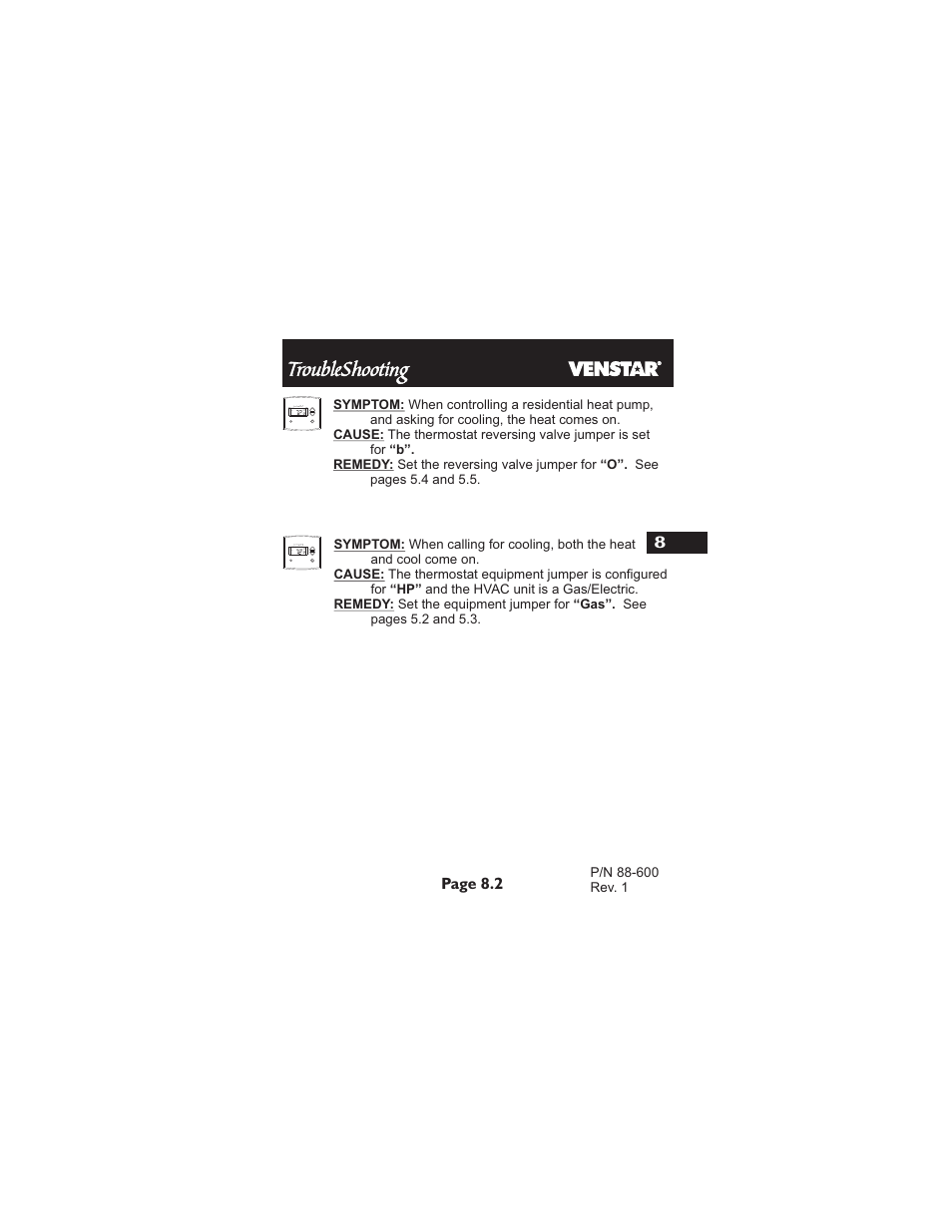 Troubleshooting, Page 8.2 8 | Venstar T1900 Installation User Manual | Page 24 / 24