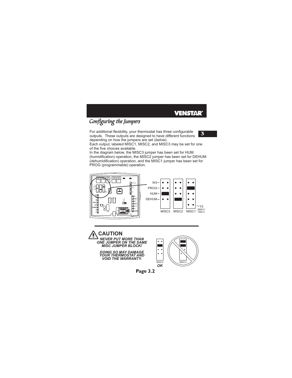 Configuring the jumpers, Caution, 3page 3.2 | Misc1 only) | Venstar T1900 Installation User Manual | Page 8 / 24