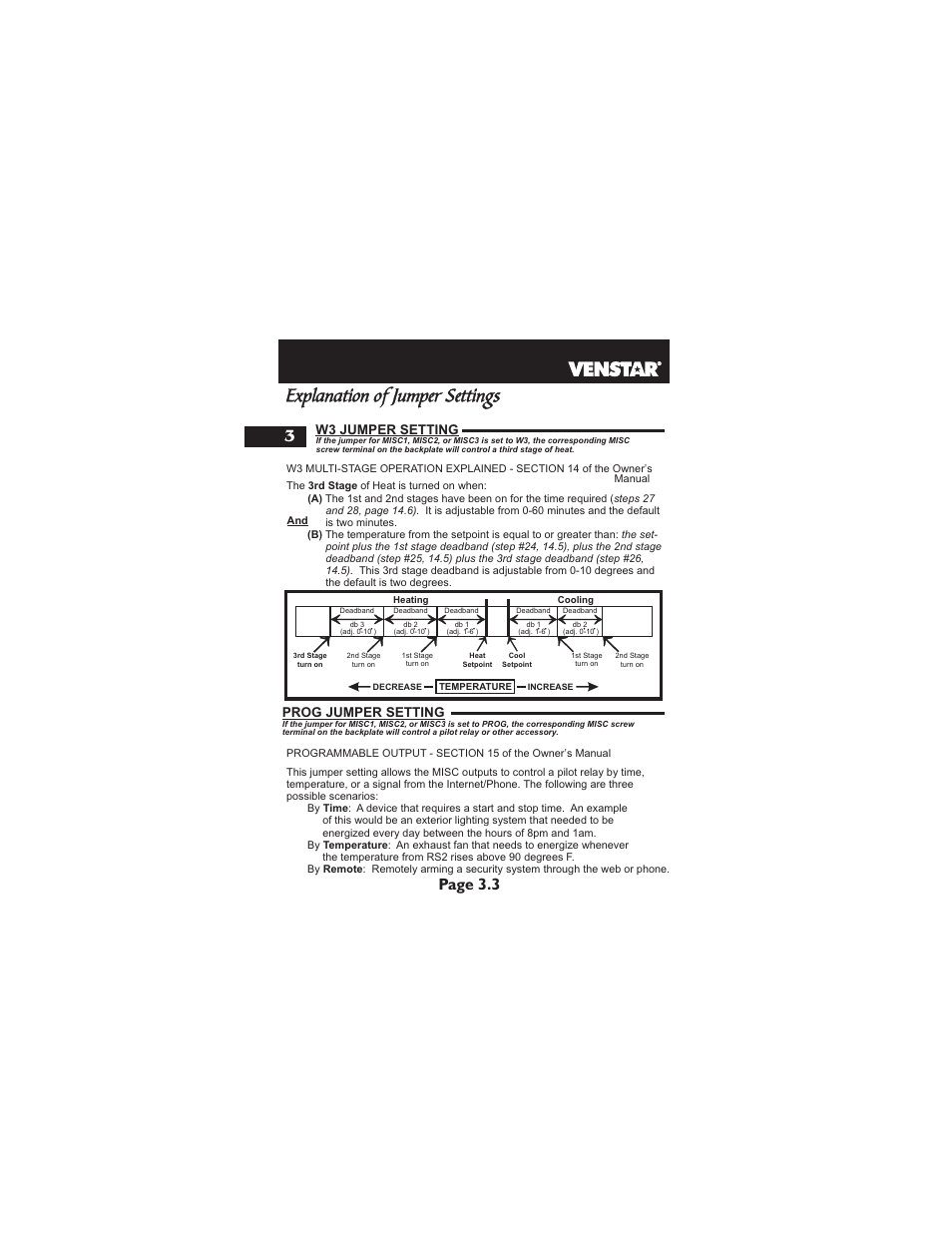 Explanation of jumper settings, Page 3.3, W3 jumper setting | Prog jumper setting | Venstar T1900 Installation User Manual | Page 9 / 24