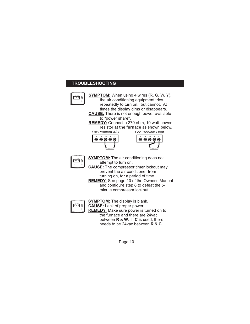 Troubleshooting, For problem a/c for problem heat, Pm wake heat | Venstar TSTATEZ User Manual | Page 11 / 12