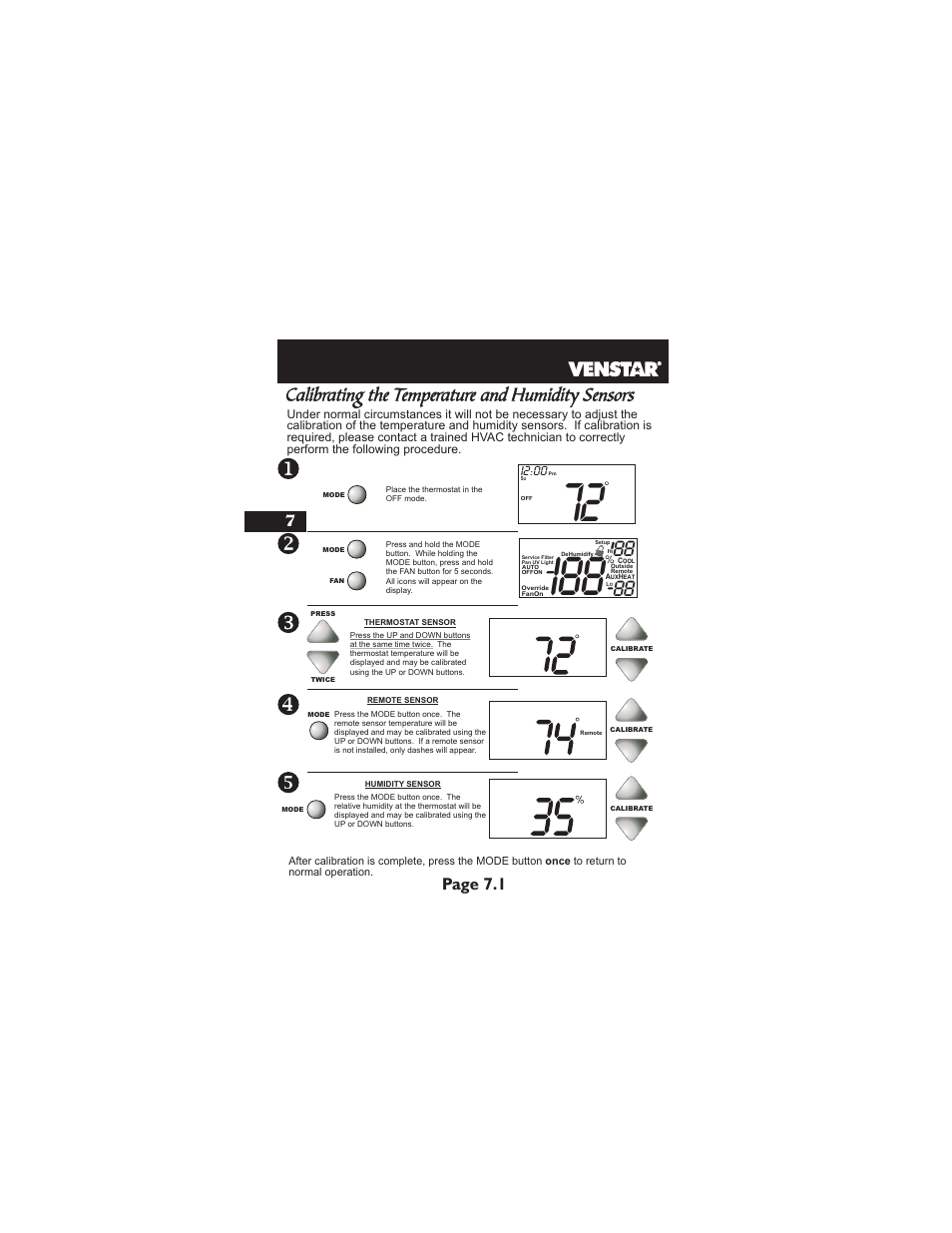 Calibrating the temperature and humidity sensors, Page 7.1, I2:00 | Venstar T2700 Installation User Manual | Page 21 / 23