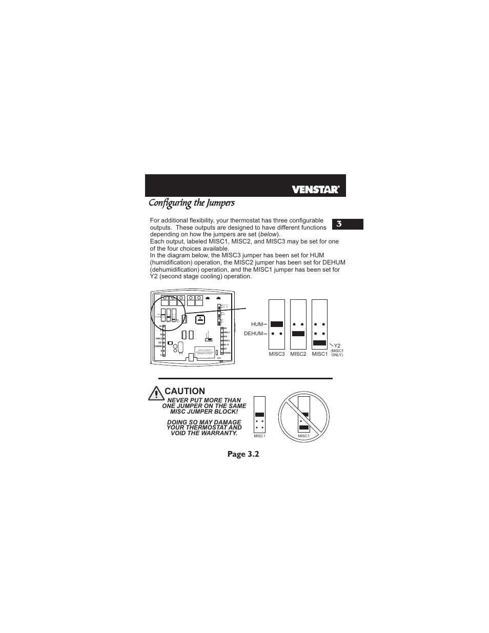 Configuring the jumpers, Caution, 3page 3.2 | Misc1 only), Hum dehum misc3 misc2 misc1 y2 | Venstar T2700 Installation User Manual | Page 8 / 23