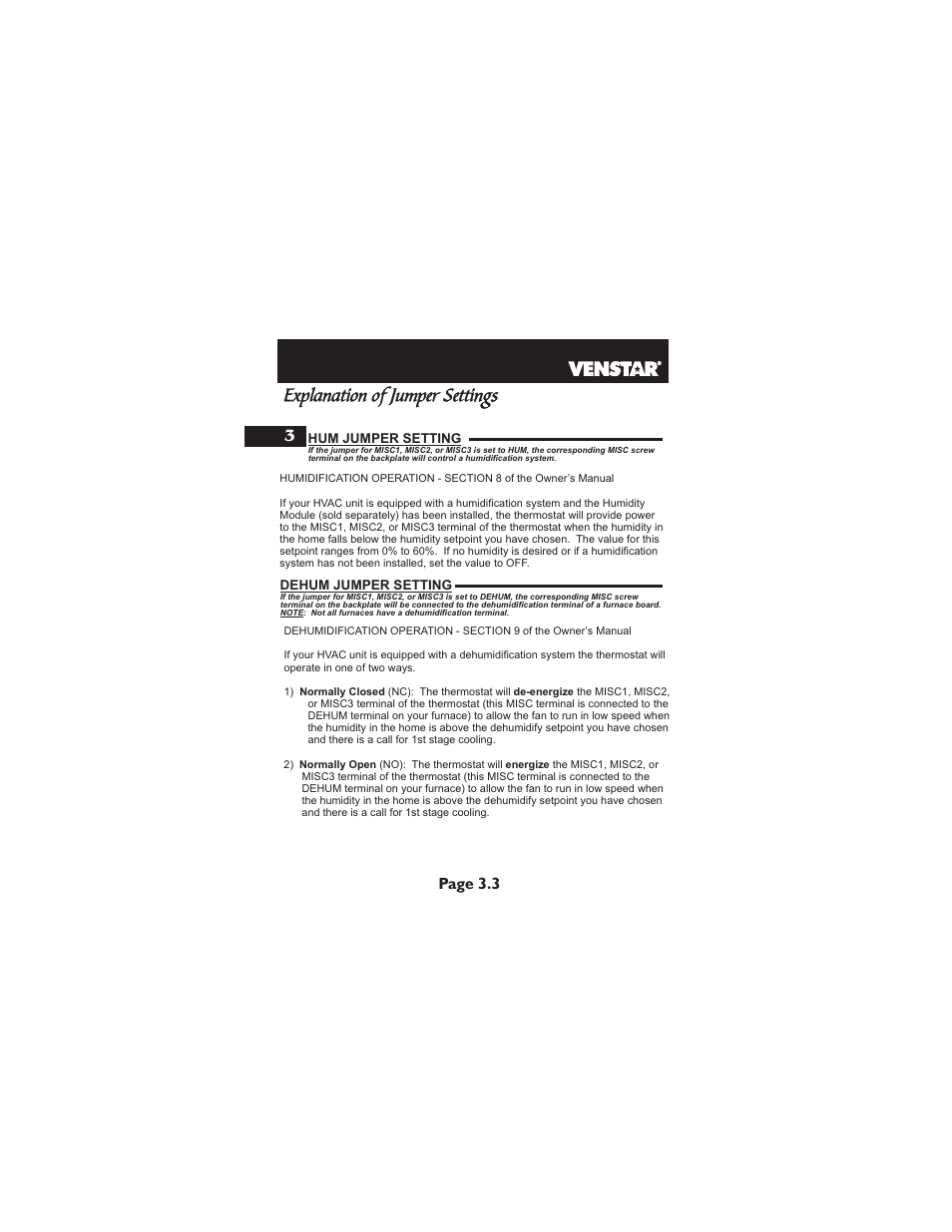 Explanation of jumper settings, Page 3.3 3 | Venstar T2700 Installation User Manual | Page 9 / 23