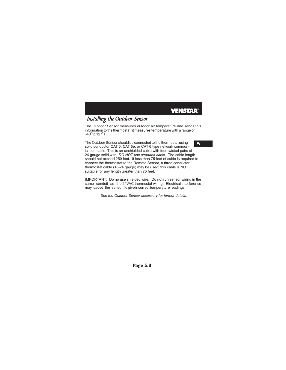 Installing the outdoor sensor | Venstar T2800 Installation User Manual | Page 20 / 24