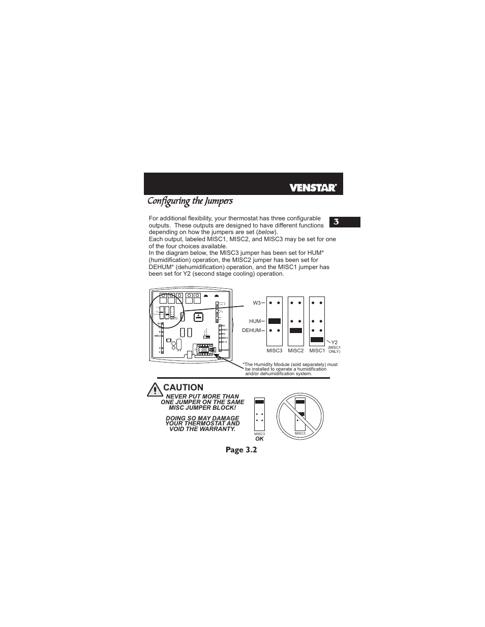 Configuring the jumpers, Caution, Page 3.2 | Misc1 only) | Venstar T2800 Installation User Manual | Page 8 / 24