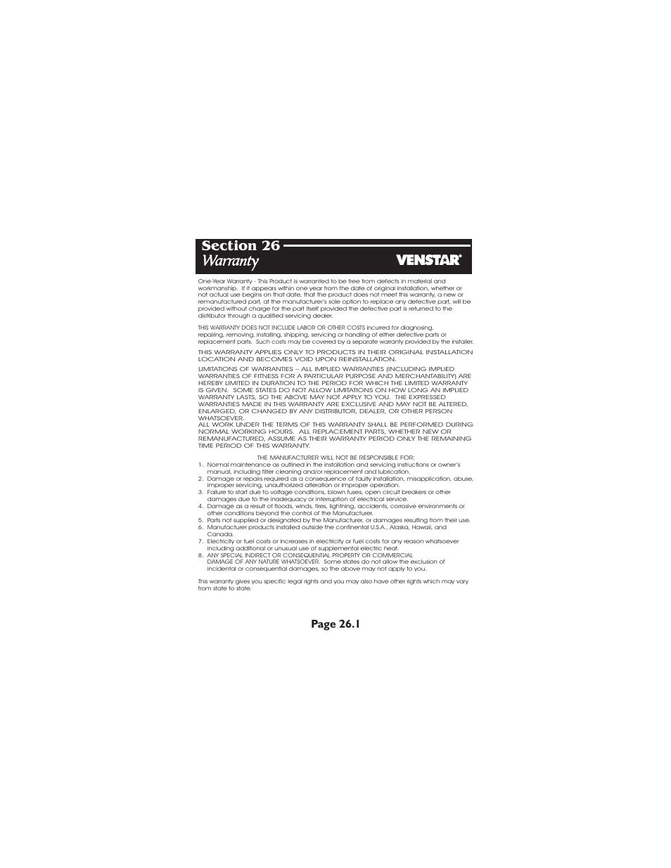 Warranty, Page 26.1 | Venstar T2900 User Manual | Page 112 / 113