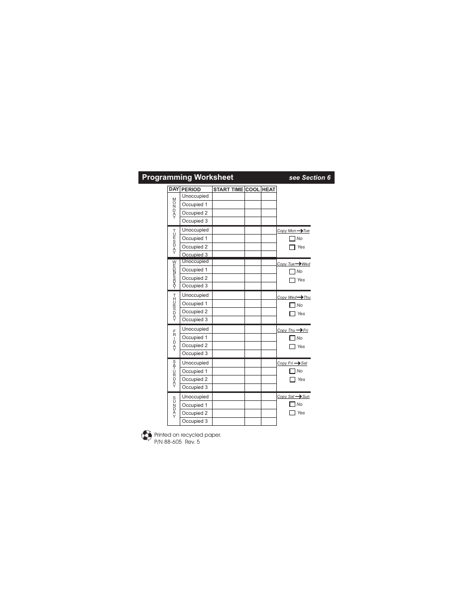 Programming worksheet | Venstar T2900 User Manual | Page 113 / 113