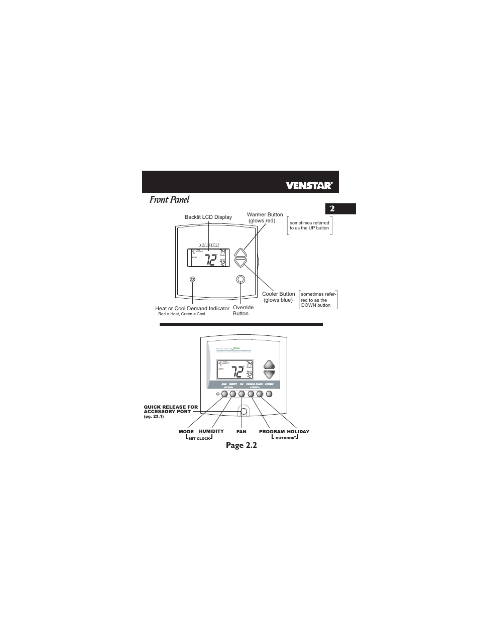 Front panel, Page 2.2 2 | Venstar T2900 User Manual | Page 12 / 113