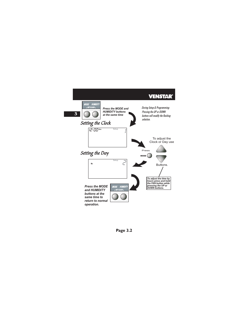 Setting the clock setting the day, Page 3.2 | Venstar T2900 User Manual | Page 17 / 113