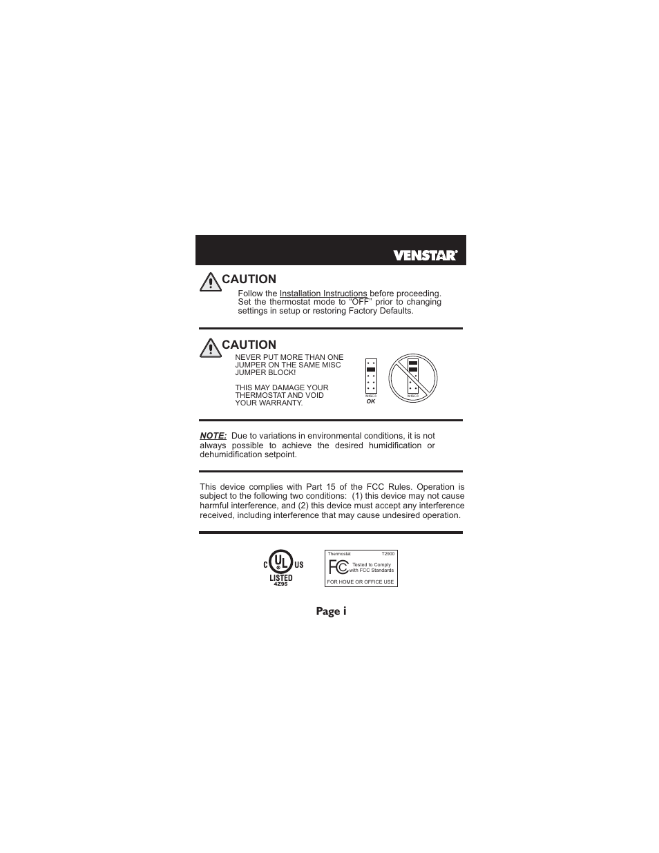 Caution | Venstar T2900 User Manual | Page 2 / 113