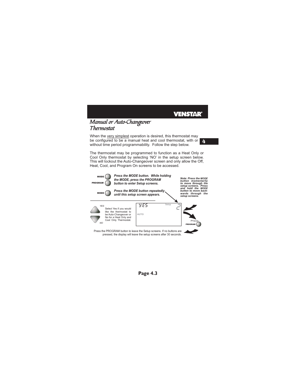 Manual or auto-changeover thermostat, Page 4.3 4 | Venstar T2900 User Manual | Page 20 / 113