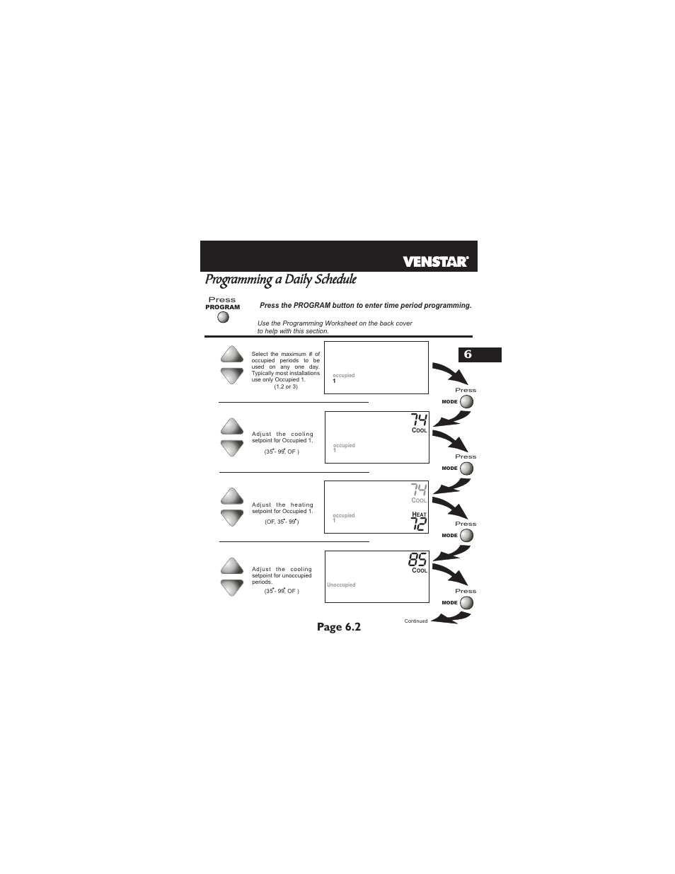 Programming a daily schedule, Page 6.2 | Venstar T2900 User Manual | Page 30 / 113