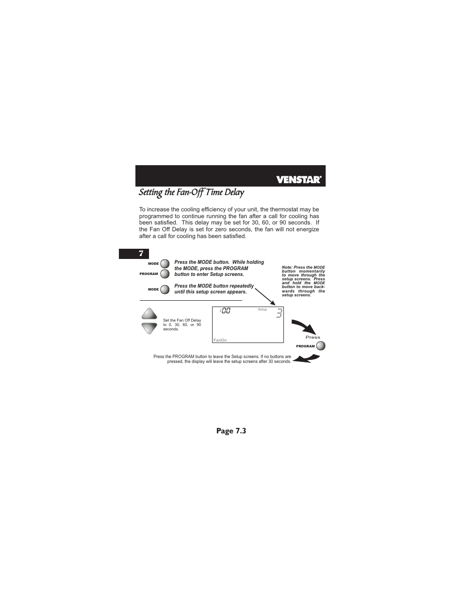 Setting the fan-off time delay, Page 7.3 | Venstar T2900 User Manual | Page 37 / 113