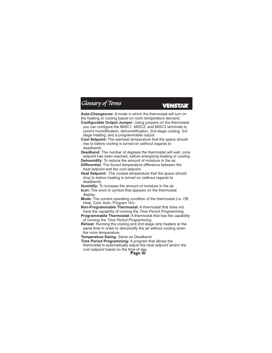 Glossary of terms | Venstar T2900 User Manual | Page 4 / 113