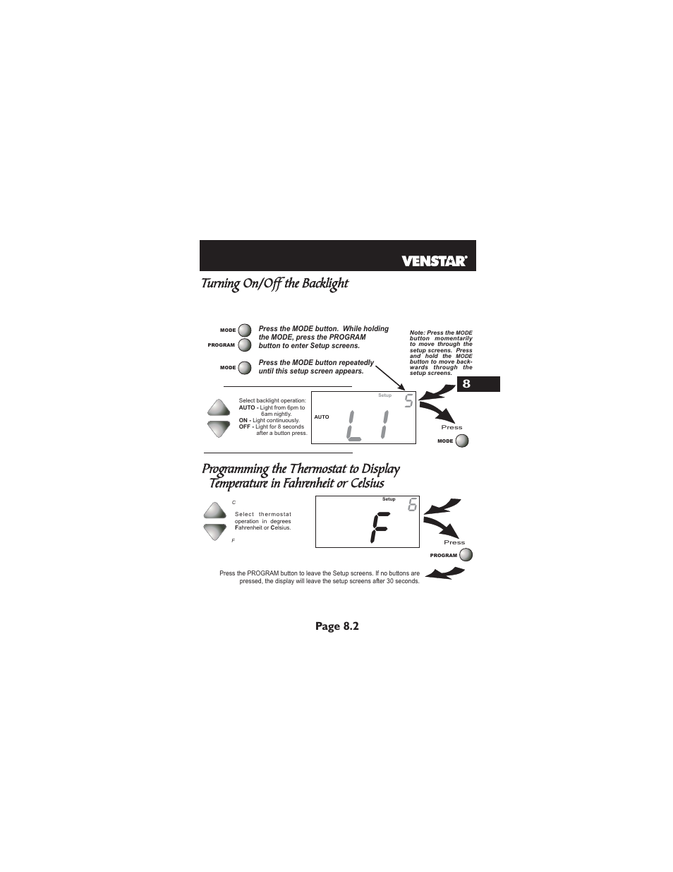 Turning on/off the backlight, Page 8.2 | Venstar T2900 User Manual | Page 40 / 113