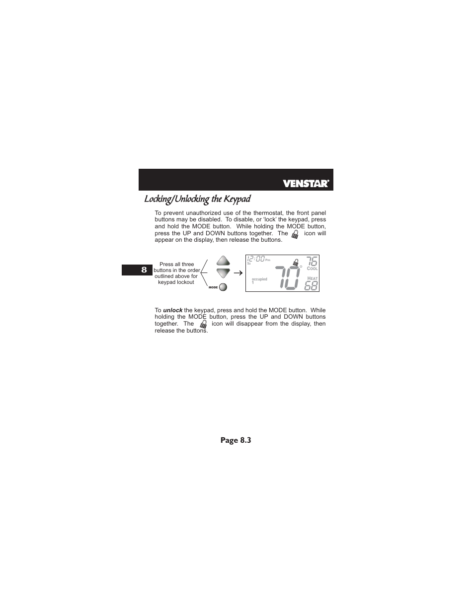 Locking/unlocking the keypad | Venstar T2900 User Manual | Page 41 / 113