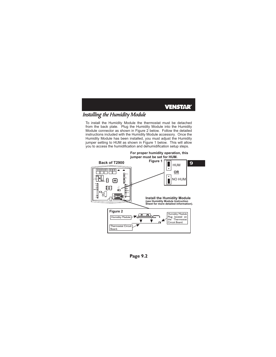 Installing the humidity module, Page 9.2 9, Misc1 only) | Back of t2900, Install the humidity module, Figure 1, Hum no hum or | Venstar T2900 User Manual | Page 44 / 113