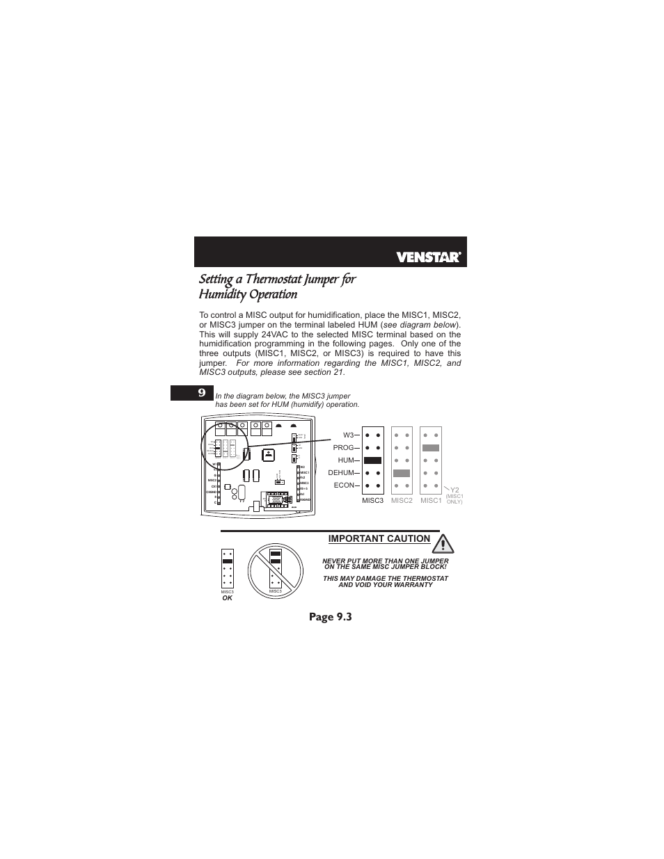 Setting a thermostat jumper for humidity operation, Page 9.3, Misc1 only) | Important caution, Econ | Venstar T2900 User Manual | Page 45 / 113